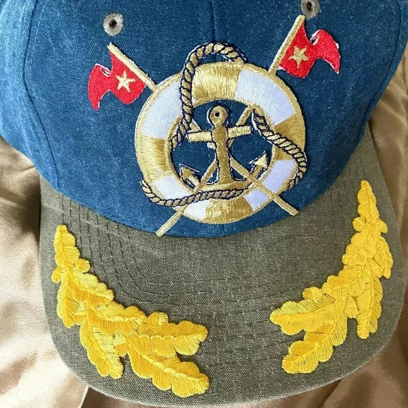 Women's Cap Sun Hat in Denim Blue & Khaki with Marine Sailor Embroidered Design - Picture 3 of 8